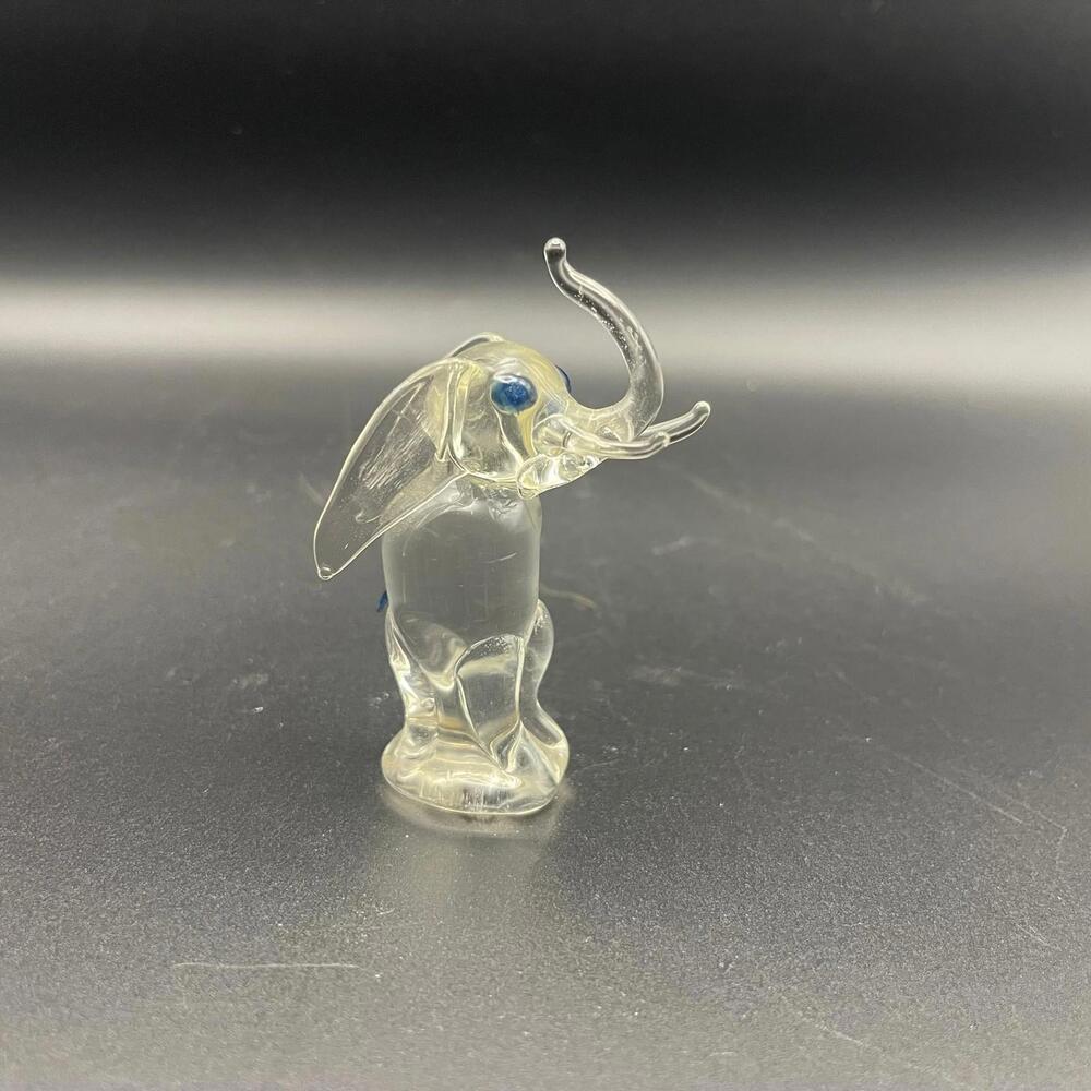 Vintage Clear Art Glass Lucky Elephant Figurine 2.25" Trunk Up Blue Eyes